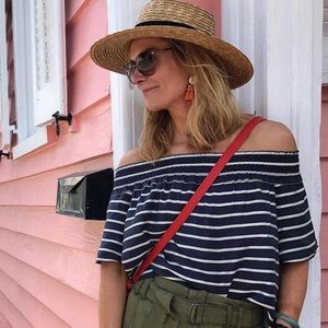 Topshop Navy & White Striped Off-The-Shoulder Top